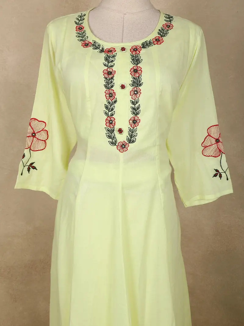 Pastel Yellow Floral Embroidered Cotton Anarkali Suit With Dupatta 5