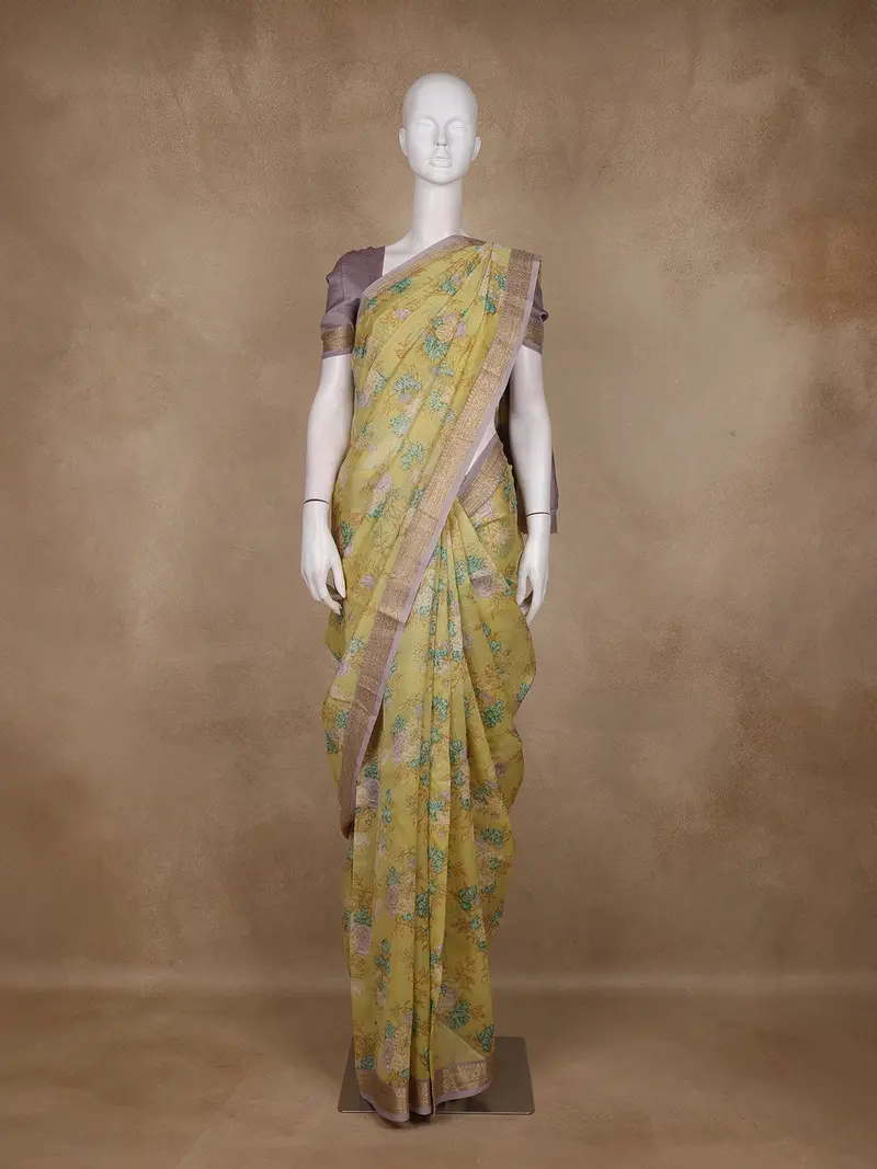 Pastel Yellow Floral Printed Chanderi Cotton Saree With Zari Woven Border 1