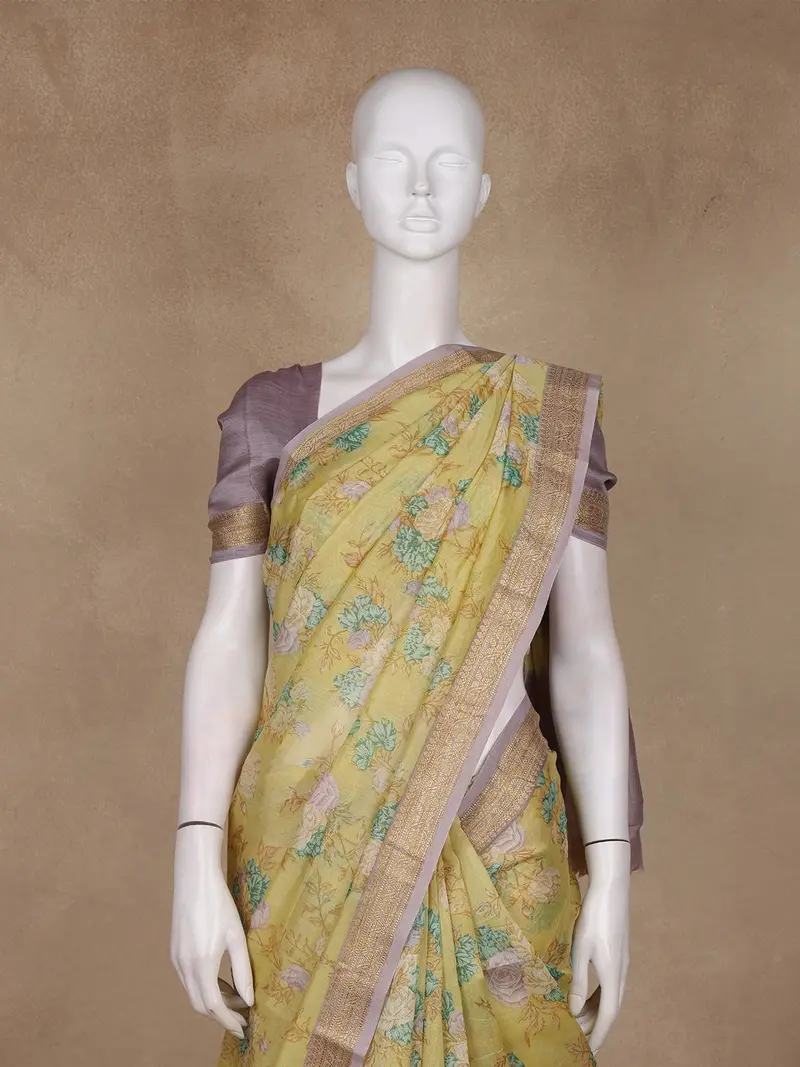 Pastel Yellow Floral Printed Chanderi Cotton Saree With Zari Woven Border 2