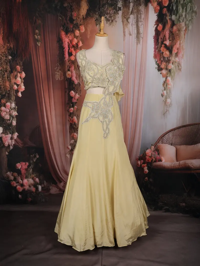 Pastel Yellow Sequins And Bead Embroidered Satin Lehenga Set With Draped Dupatta 1