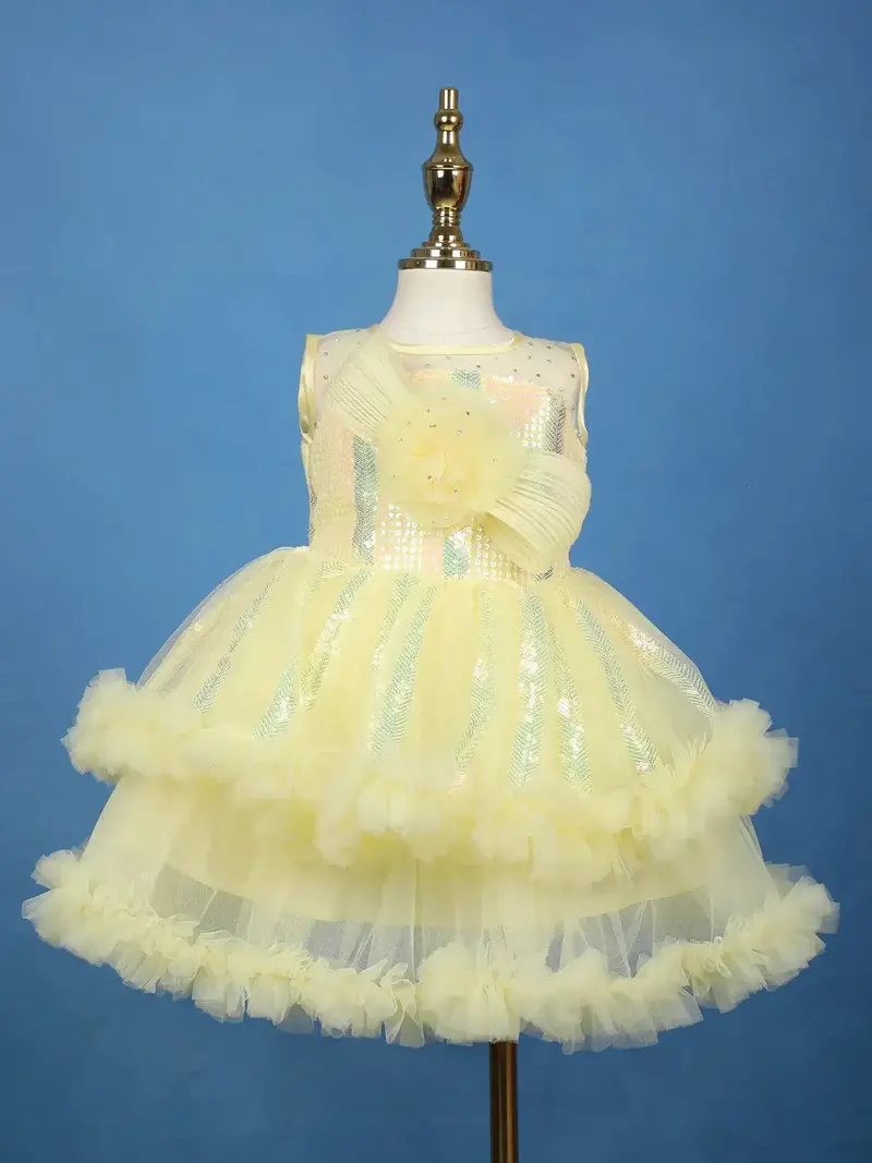 Pastel Yellow Sequins Design Net Layered Frock 1