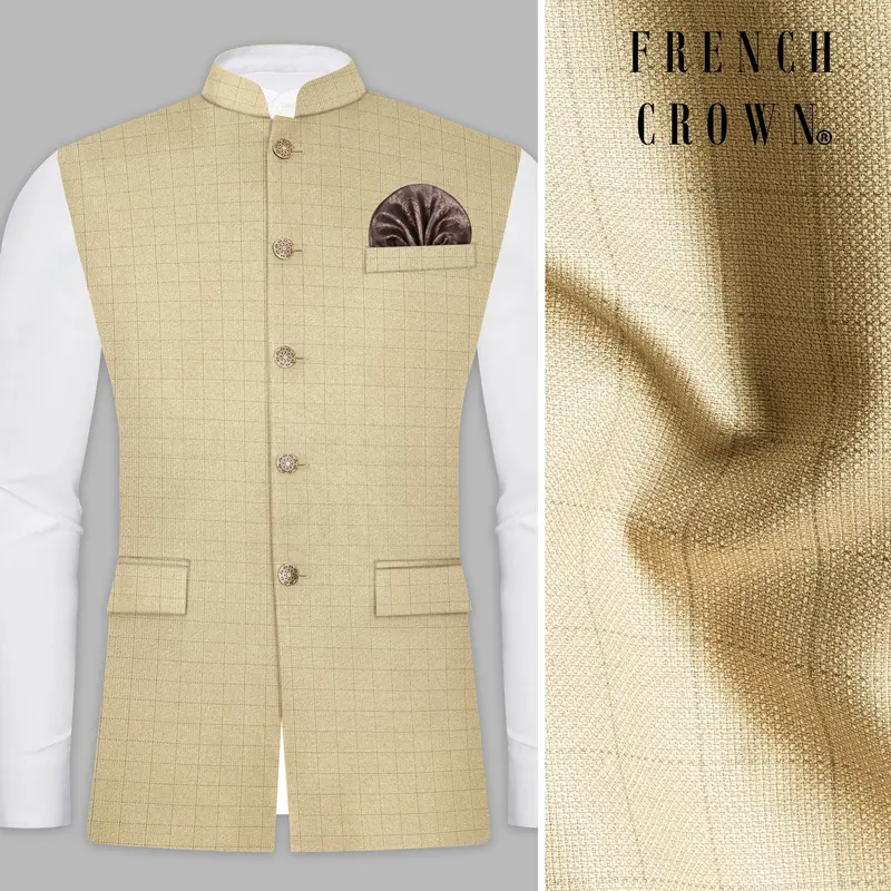 Pavlova Brown With Taupe Brown Checkered Dobby Wool Rich Nehru Jacket 1