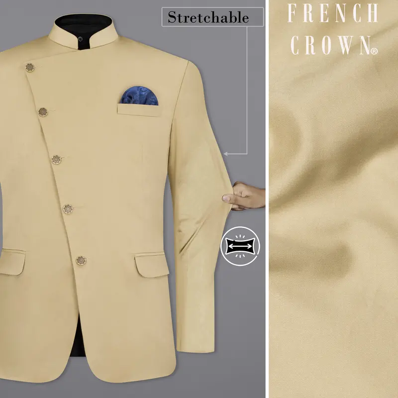 Pavlova Cream Cross Placket Stretchable Premium Cotton Bandhgala Traveler Blazer 1