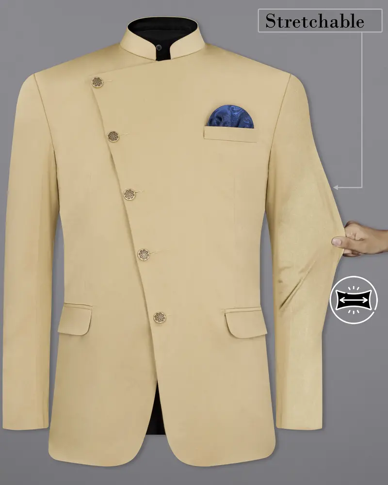 Pavlova Cream Cross Placket Stretchable Premium Cotton Bandhgala Traveler Blazer 2