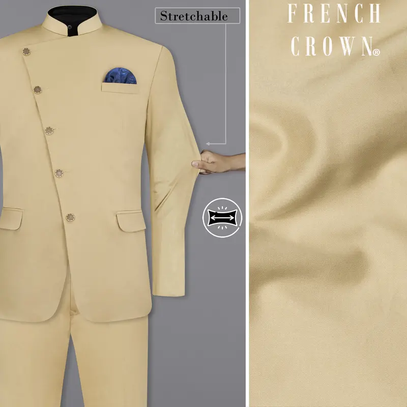 Pavlova Cream Cross Placket Stretchable Premium Cotton Bandhgala Traveler Suit 1