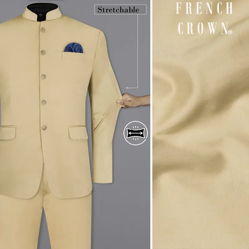 Pavlova Cream Solid Stretchable Premium Cotton Bandhgala Traveler Suit 1