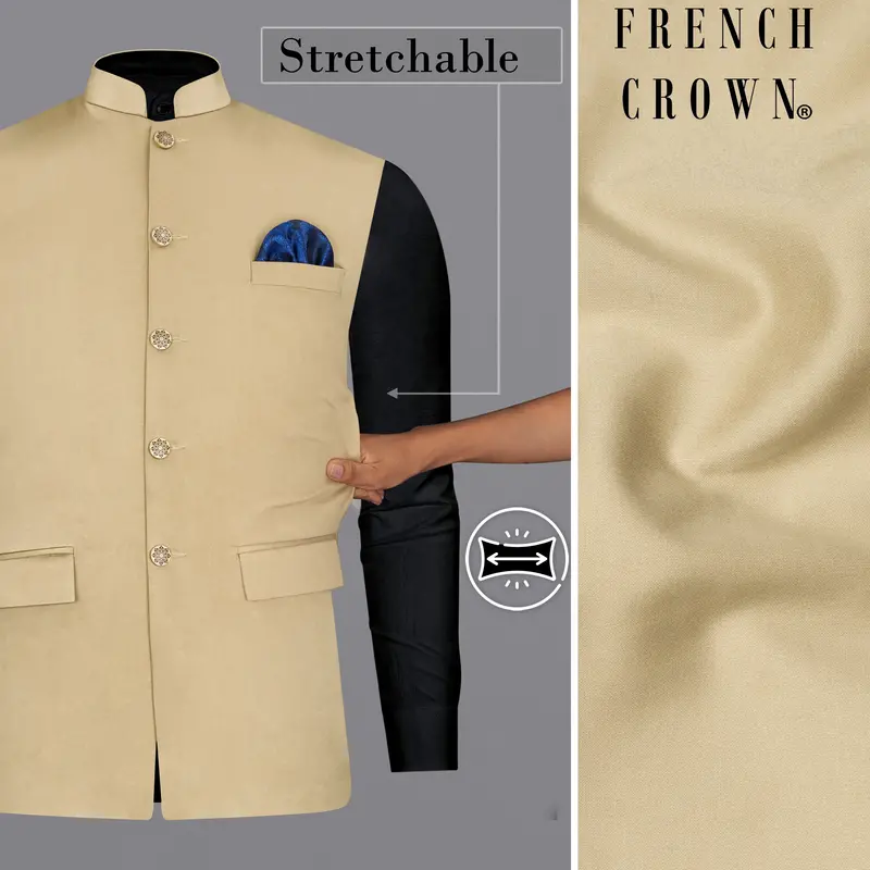 Pavlova Cream Solid Stretchable Premium Cotton Traveler Nehru Jacket 1