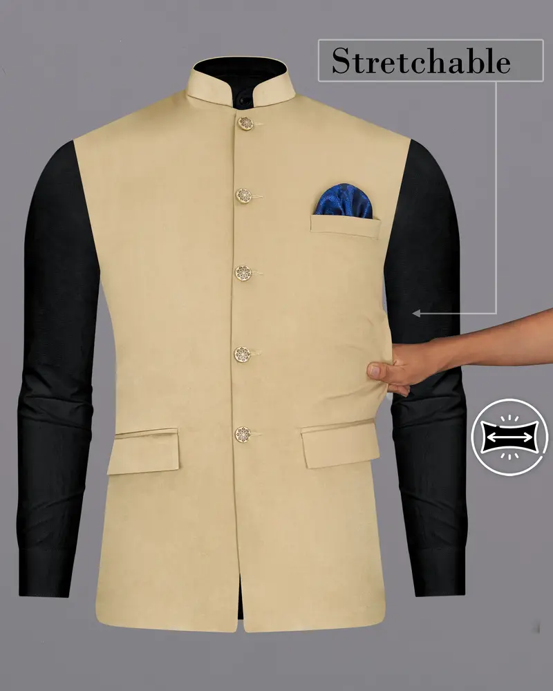 Pavlova Cream Solid Stretchable Premium Cotton Traveler Nehru Jacket 2