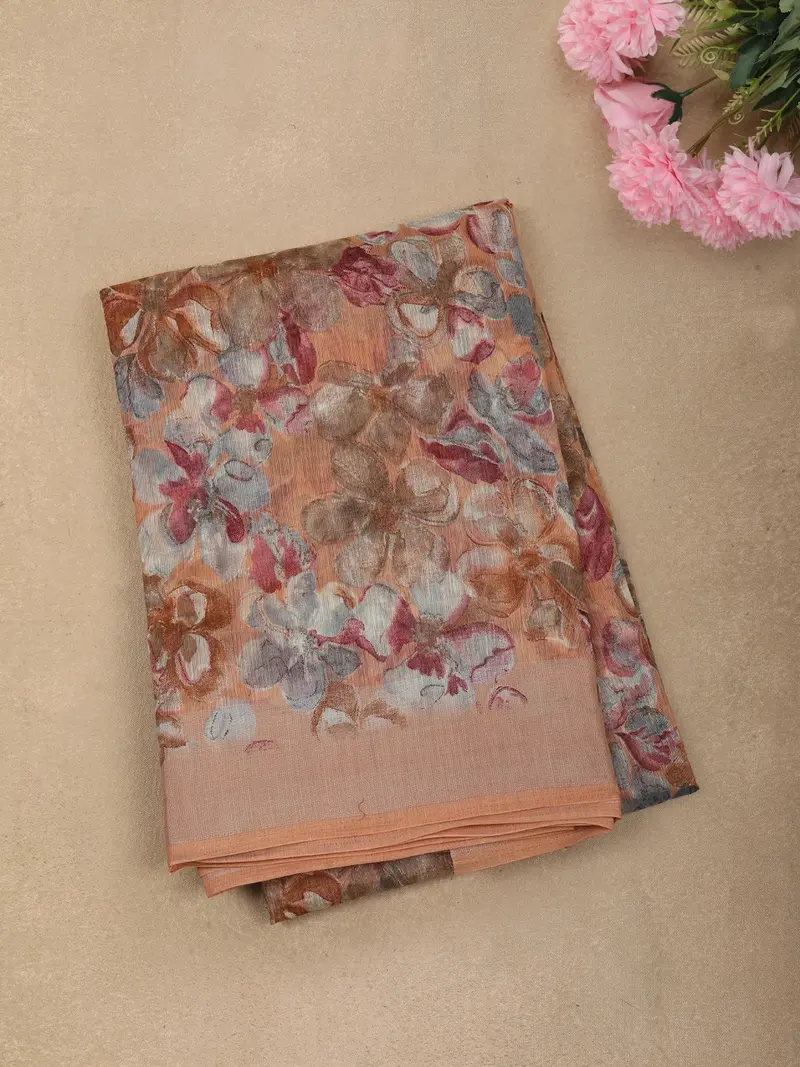 Peach Abstract Floral Printed Design Mixed Cotton Casual Wear Saree 1