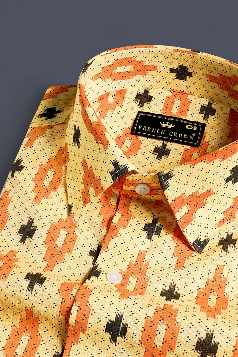 Peach And Crusta Orange Ikat Printed Chambray Shirt 1