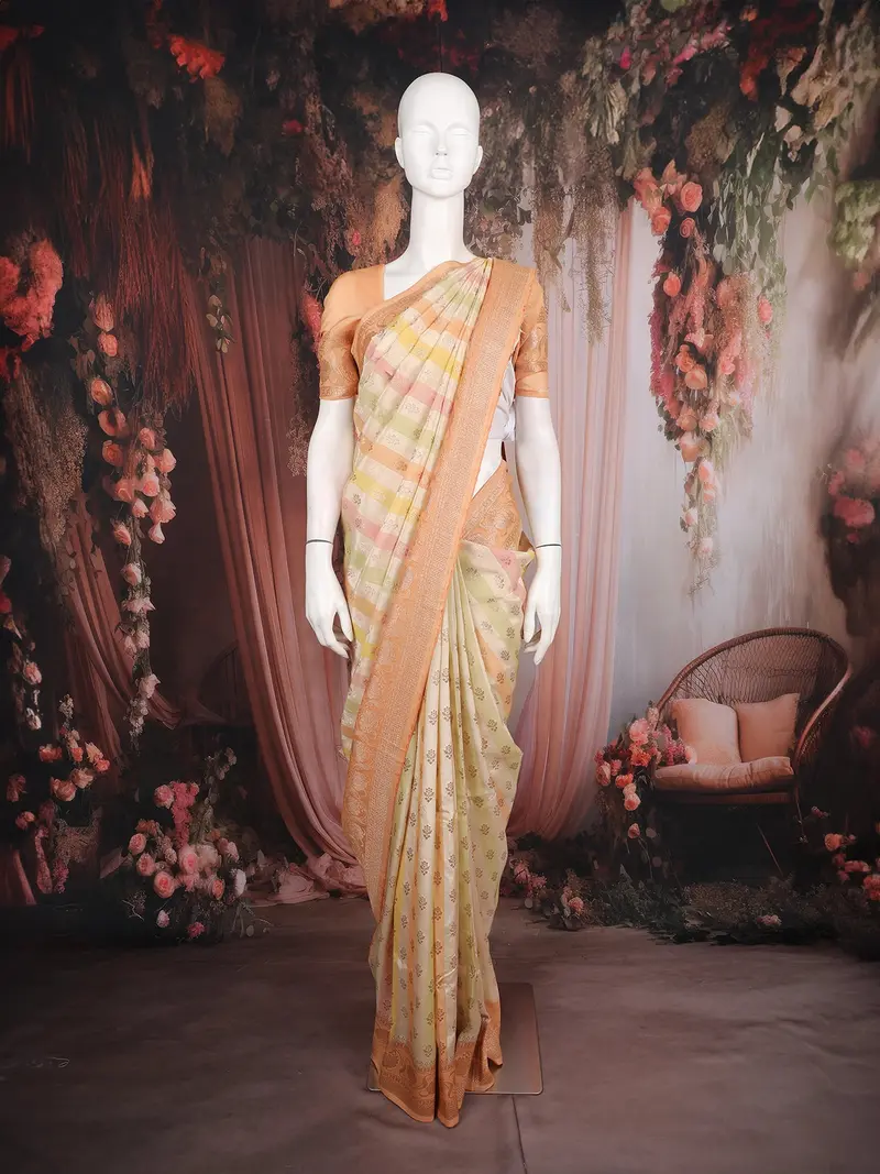 Peach And Multicolor Stripes Woven Banarasi Silk Saree With Contrast Zari Border 1