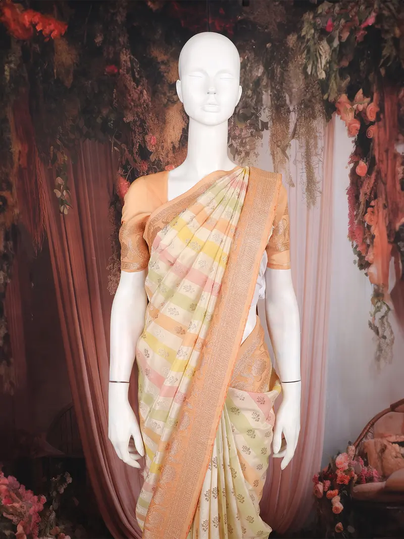 Peach And Multicolor Stripes Woven Banarasi Silk Saree With Contrast Zari Border 2