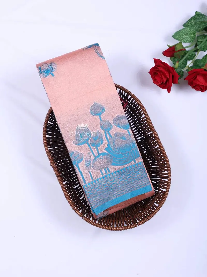 Peach Arani Silk Saree With Floral Motif On The Body And Contrast Zari Border 1