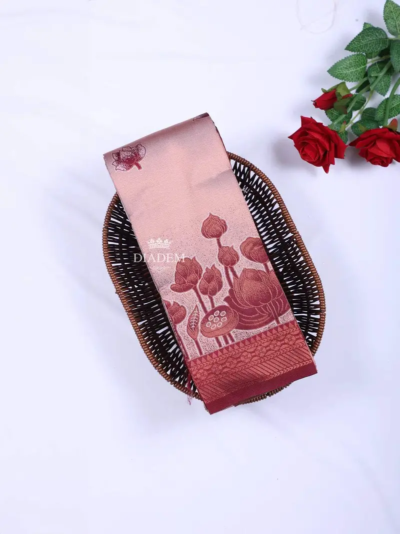 Peach Arani Silk Saree With Floral Motif On The Body And Contrast Zari Border 1