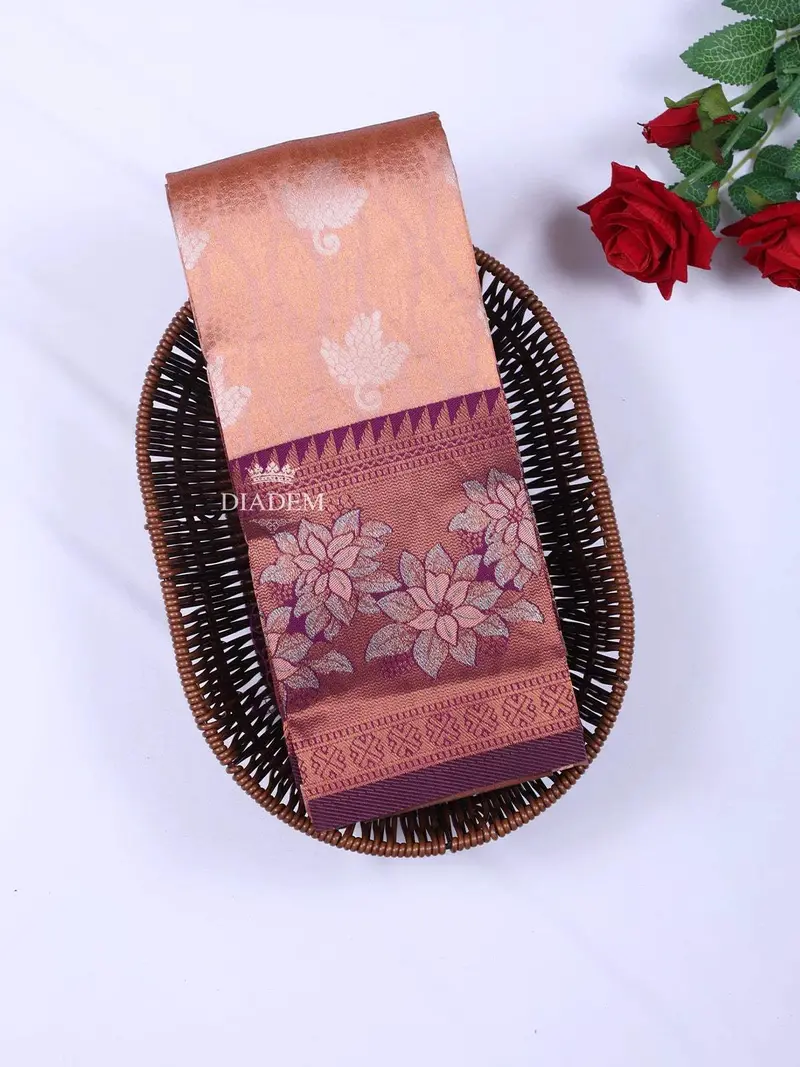 Peach Arani Silk Saree With Floral Motif On The Body And Contrast Zari Border 1
