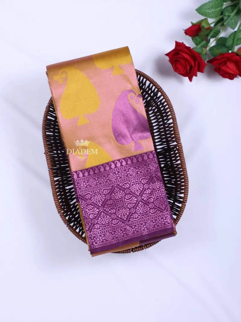 Peach Arani Silk Saree With Zari Butta On The Body And Contrast Zari Border 1