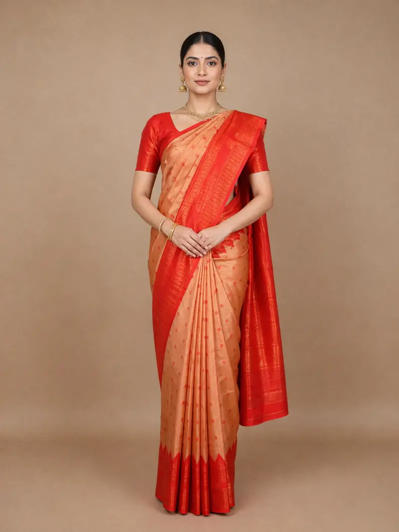 Peach Art Silk Saree With Butta Motif And Contrast Zari Border 1