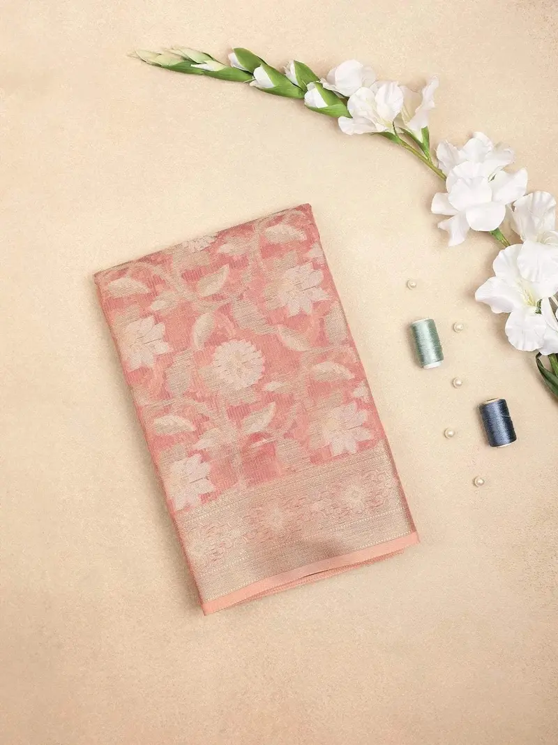 Peach Art Silk Saree With Leaf And Vines Design On The Body With Designed Border 1