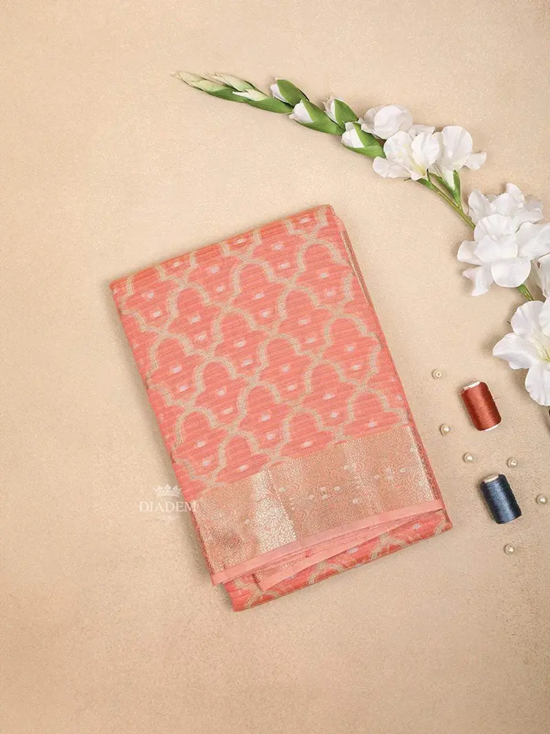 Peach Art Silk Saree With Scalloped Arch Design On The Body With Zari Border 1