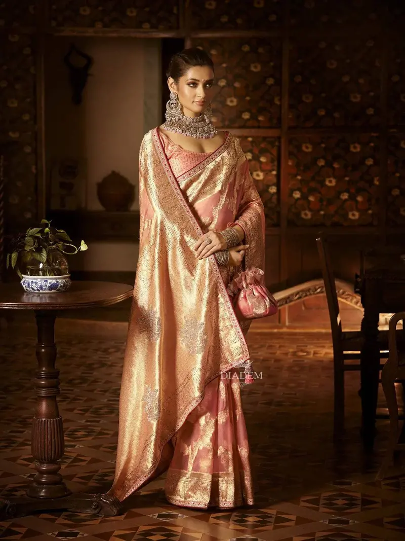 Peach Banarasi Organza Saree Embellished With Floral Zari, Stonework And Designer Border Along With Potli Bag 1
