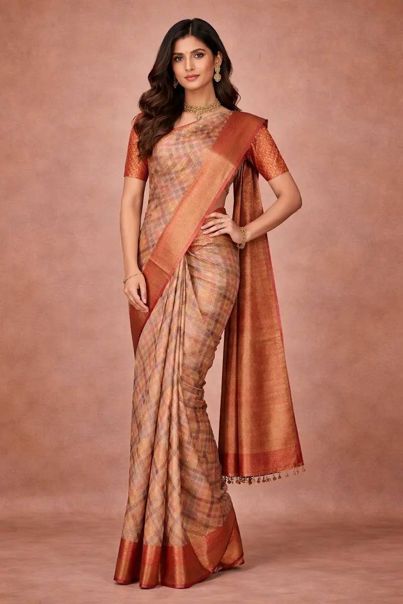 Peach Banarasi Saree With Checked Design On The Body And Contrast Border 1