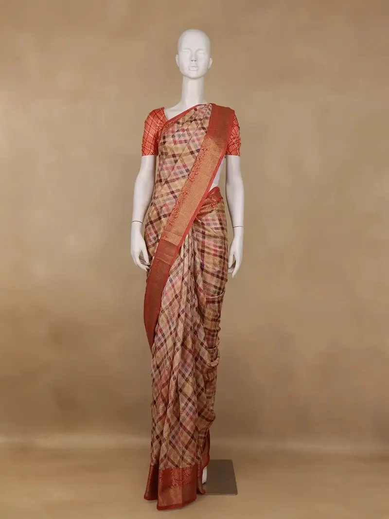 Peach Banarasi Saree With Checked Design On The Body And Contrast Border 2
