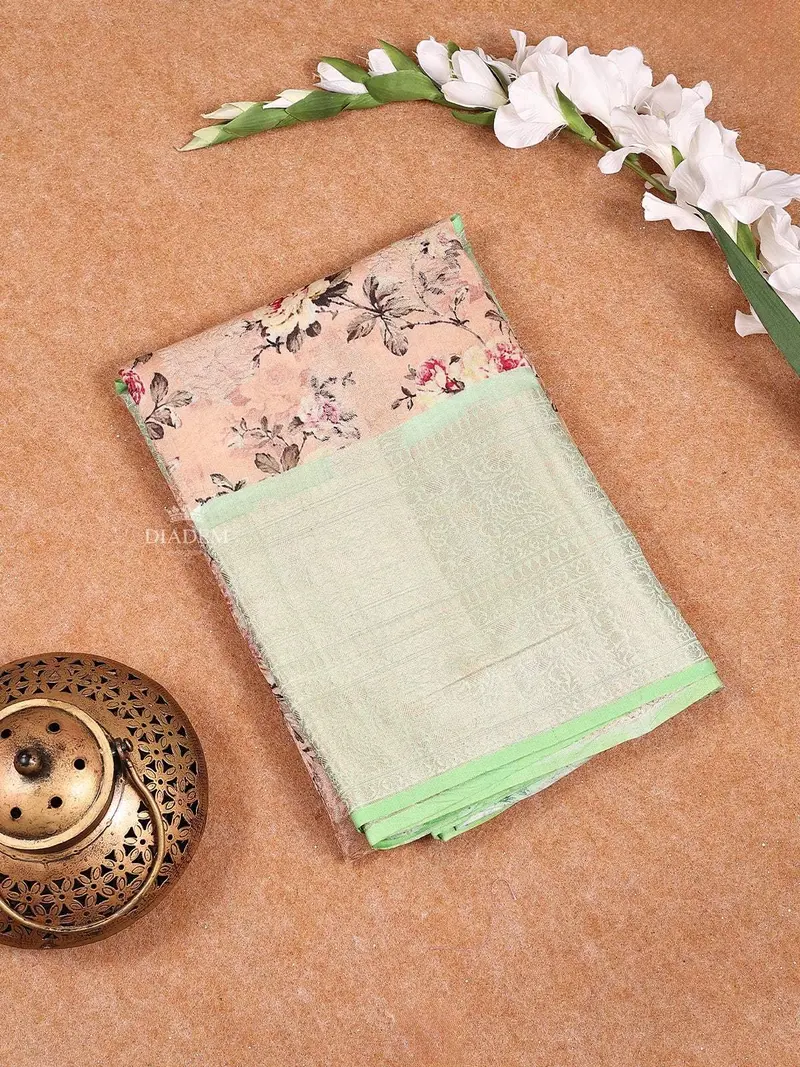 Peach Banarasi Saree With Flower And Leaf Design On The Body With Contrast Border 1