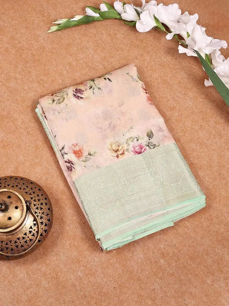 Peach Banarasi Saree With Flower Jacquard Design On The Body With Contrast Border 1