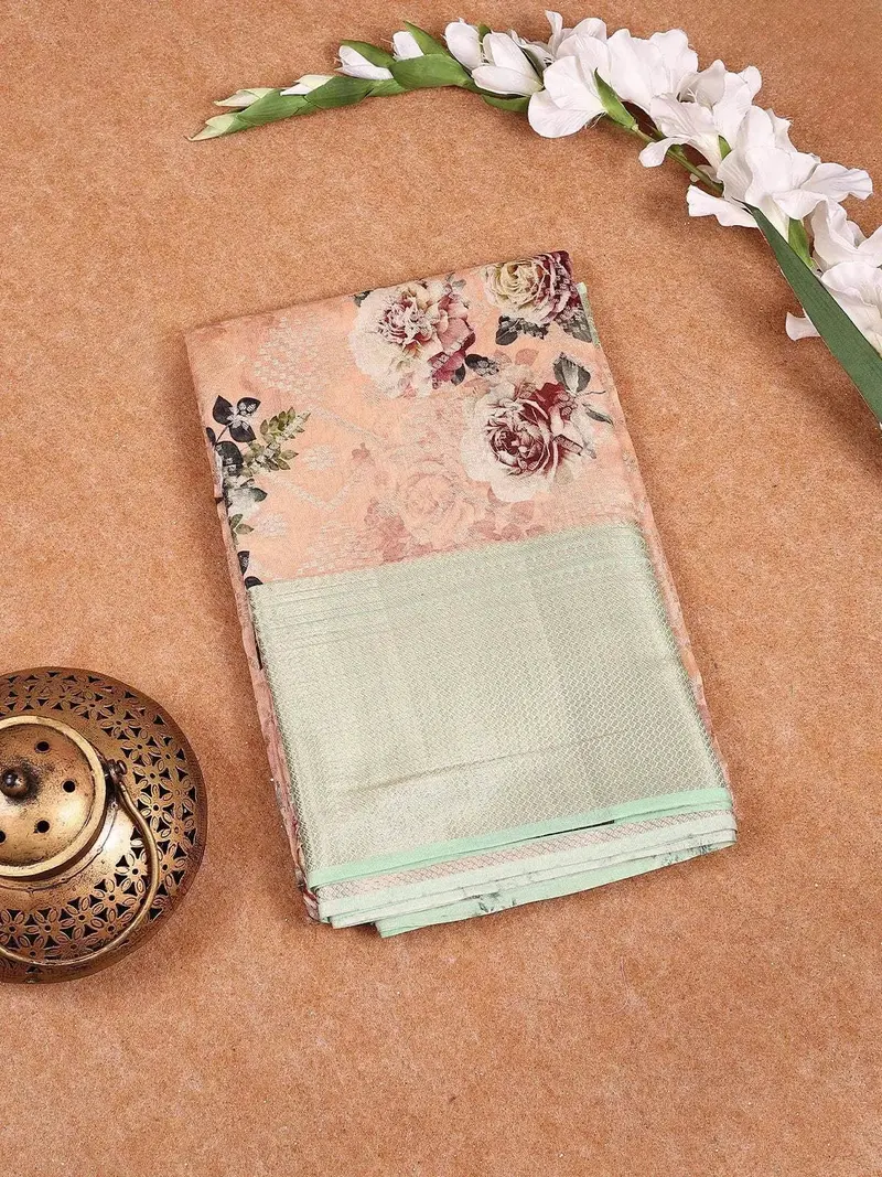 Peach Banarasi Saree With Flower Jacquard Design On The Body With Zari Border 1