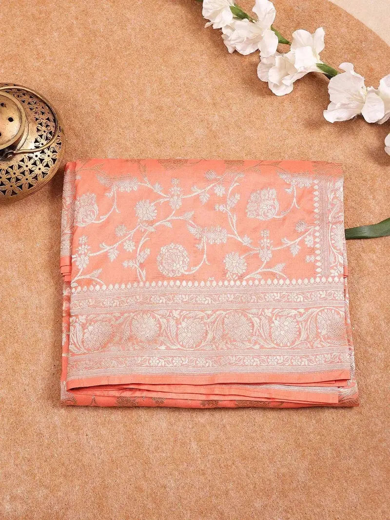 Peach Banarasi Saree With Flower Motif On The Body With Zari Border 1