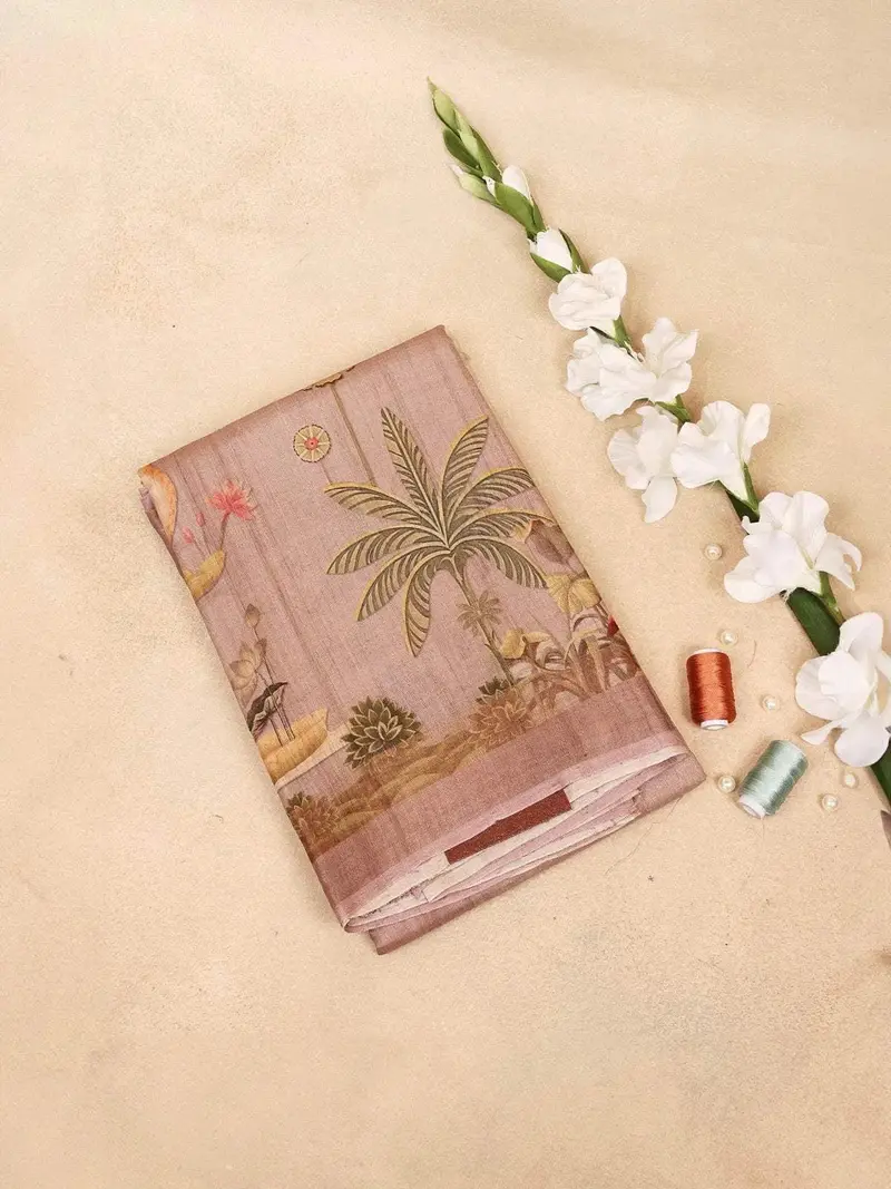Peach Banarasi Saree With Palm Tree And Crane Design On The Body And With Out Border 1