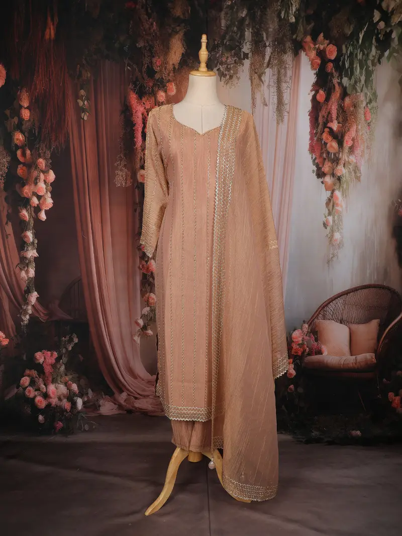 Peach Beige Striped Beads Embellished Tissue Organza Salwar Suit 1