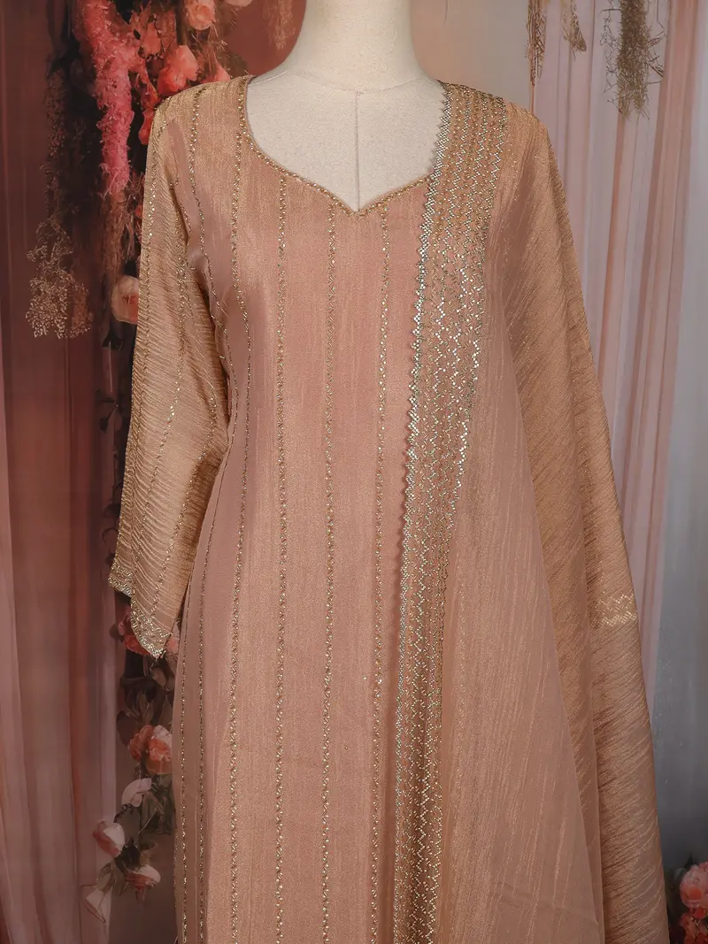 Peach Beige Striped Beads Embellished Tissue Organza Salwar Suit 2
