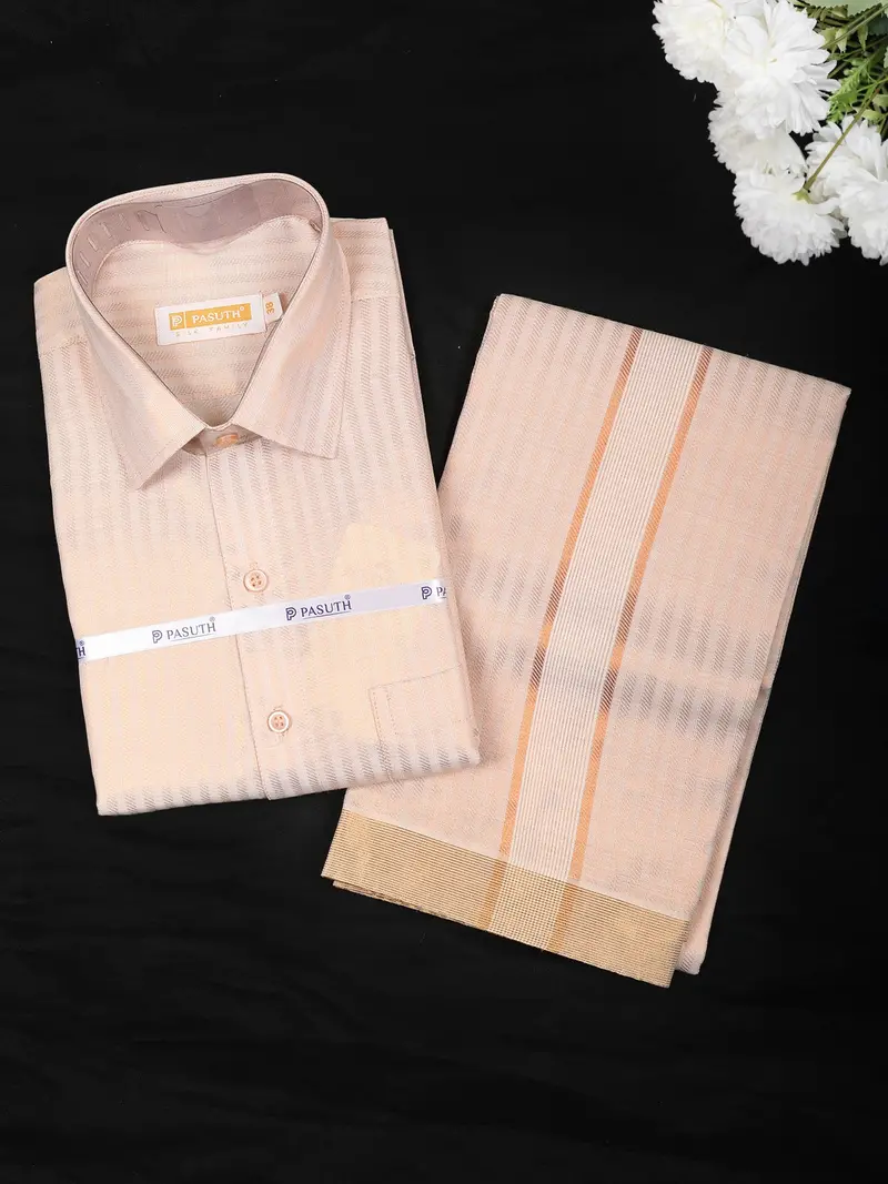 Peach Beige Striped Woven Design Shirt With Zari Border Matching Dhoti Set 1