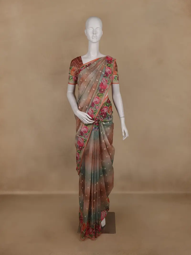Peach Brown Floral Printed Design Semi Tussar Saree 1