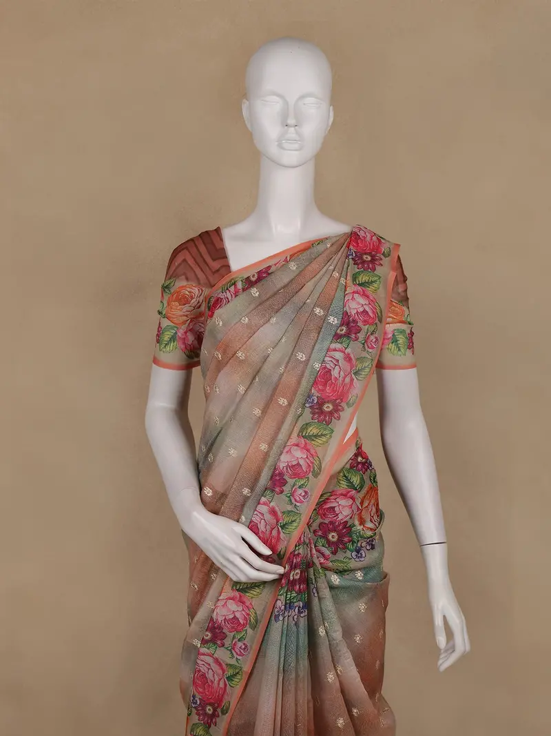 Peach Brown Floral Printed Design Semi Tussar Saree 2