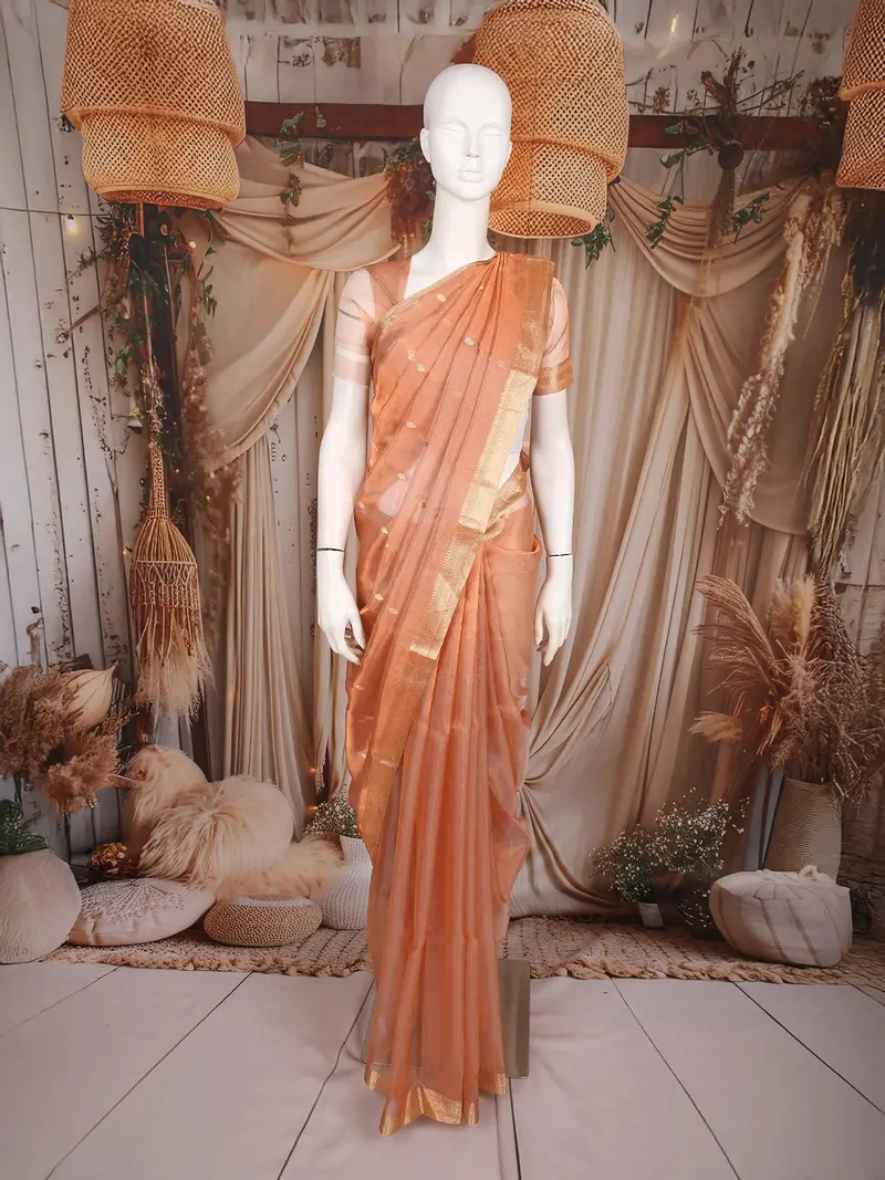 Peach Butta Woven Design Tissue Saree With Gold Zari Border 1