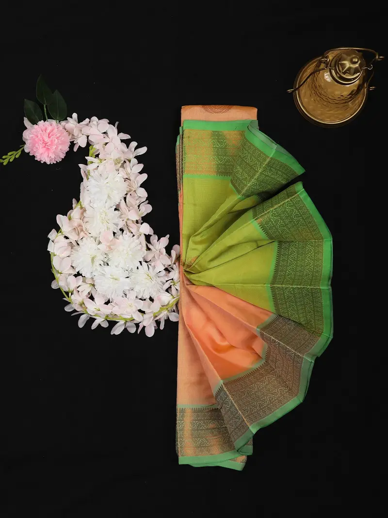 Peach Butta Woven Soft Silk Saree With Contrast Green Border 1