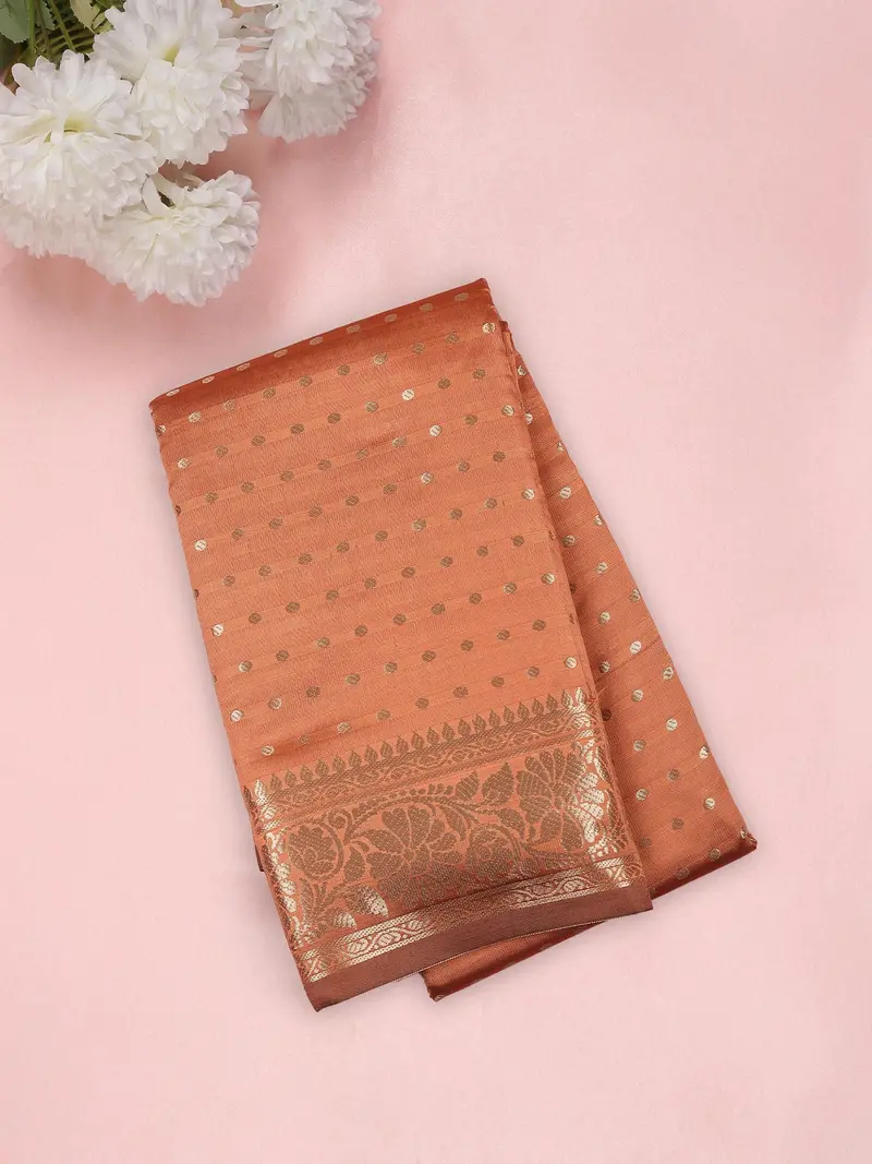 Peach Butta Zari Woven Design Semi Silk Saree With Floral Border 1