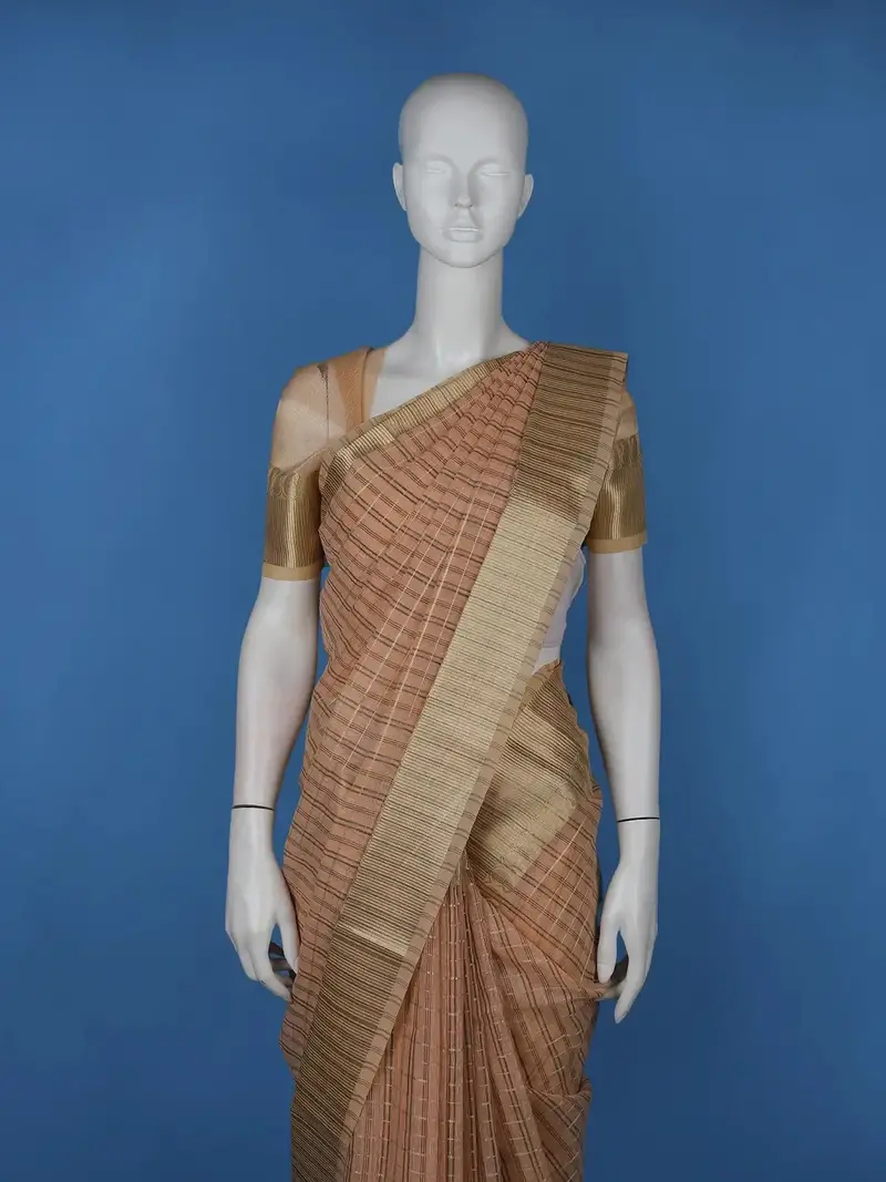 Peach Checked Design Semi Tussar Saree With Zari Border 1