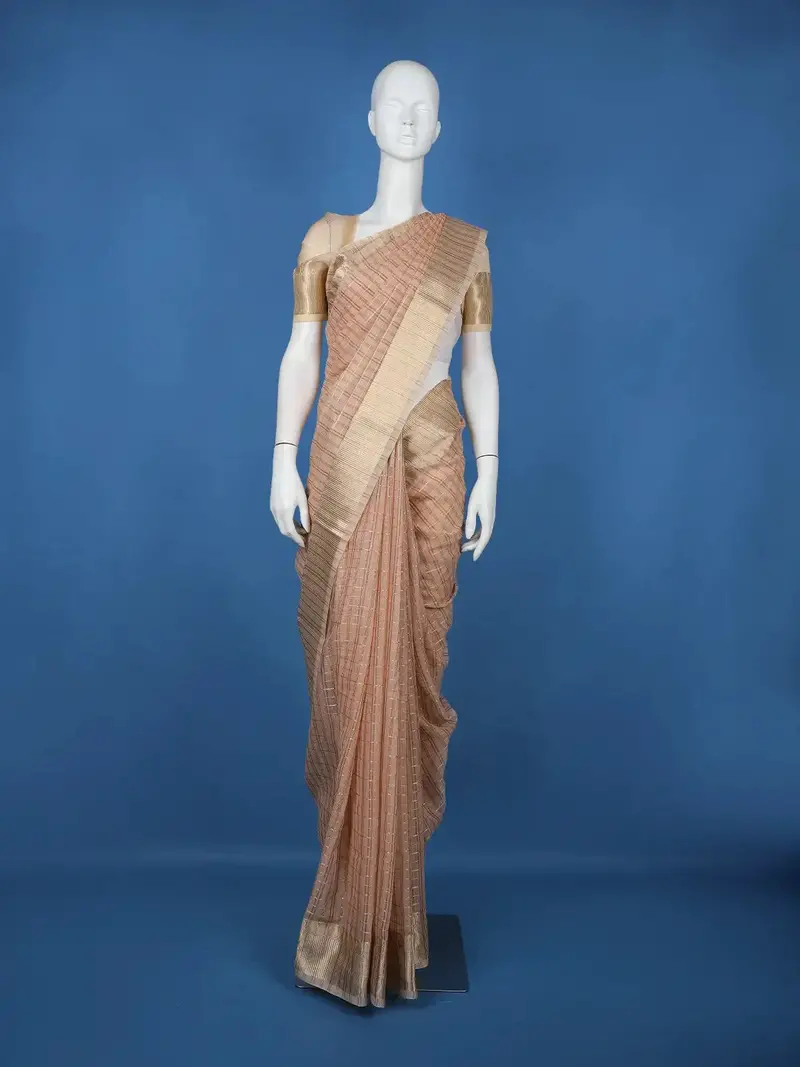 Peach Checked Design Semi Tussar Saree With Zari Border 1
