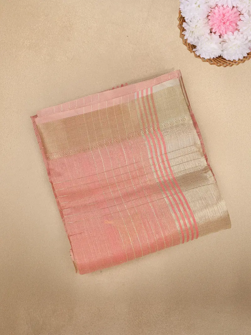 Peach Checked Woven Tissue Saree With Golden Zari Border 1