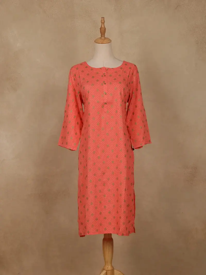 Peach Checks Printed Cotton Kurti 1
