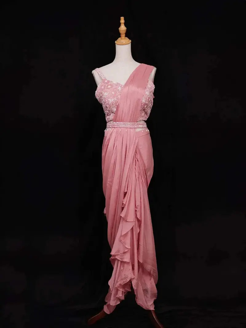 Peach Chiffon Ready To Wear Saree With Plain Body Paired With Designer Blouse And Waist Belt 1