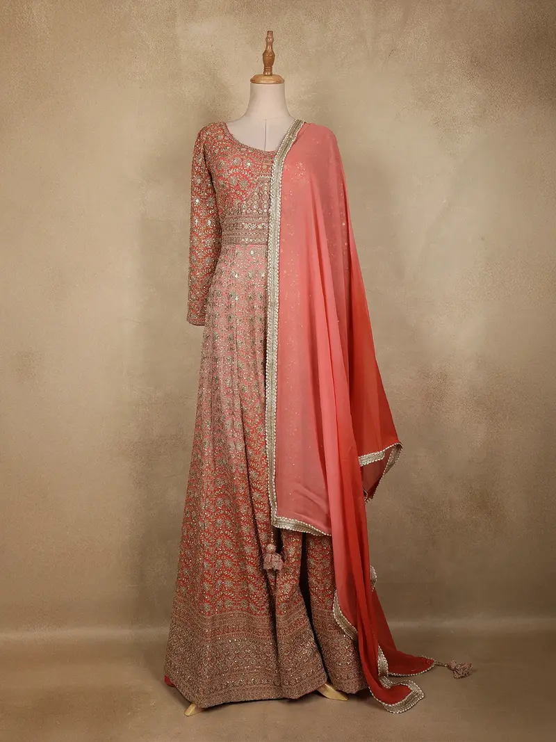 Peach Coral Heavy Sequins And Zari Embroidered Georgette Gown With Dupatta 1