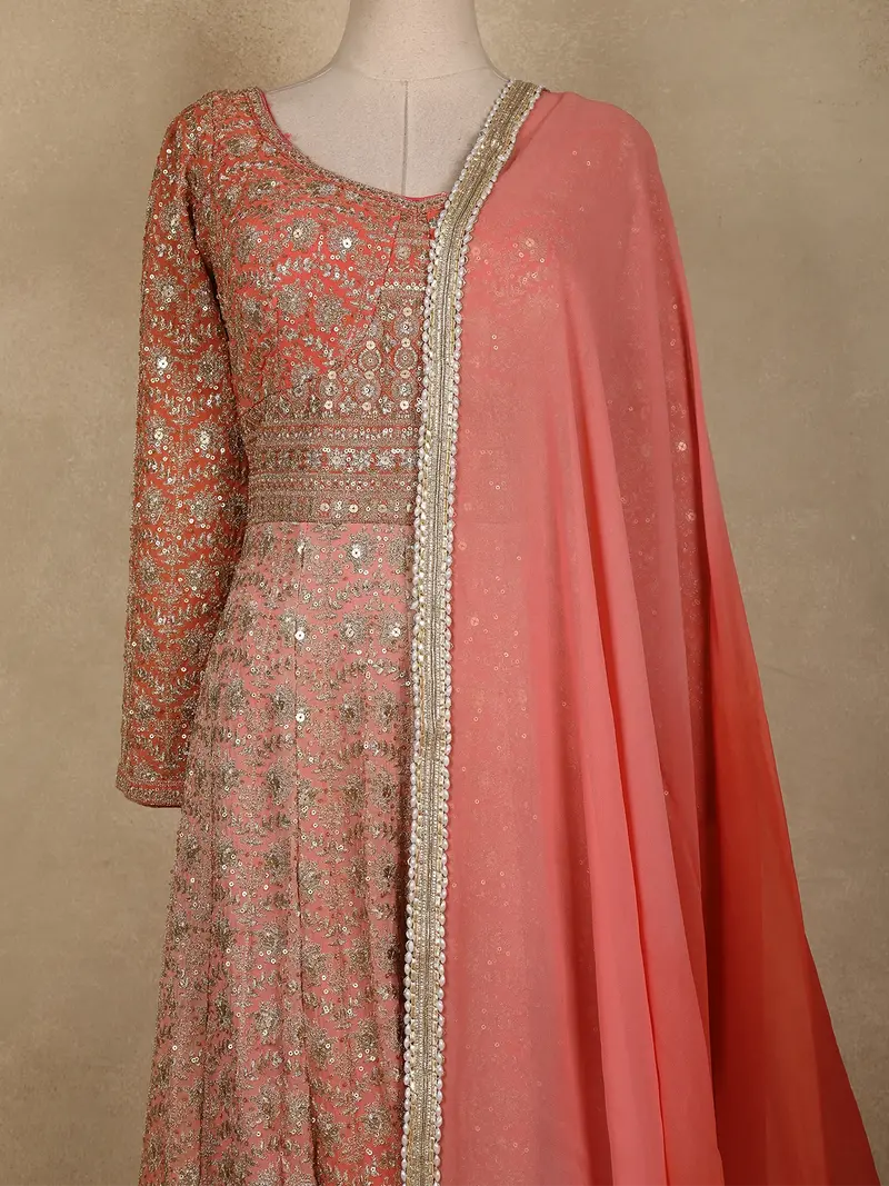 Peach Coral Heavy Sequins And Zari Embroidered Georgette Gown With Dupatta 2