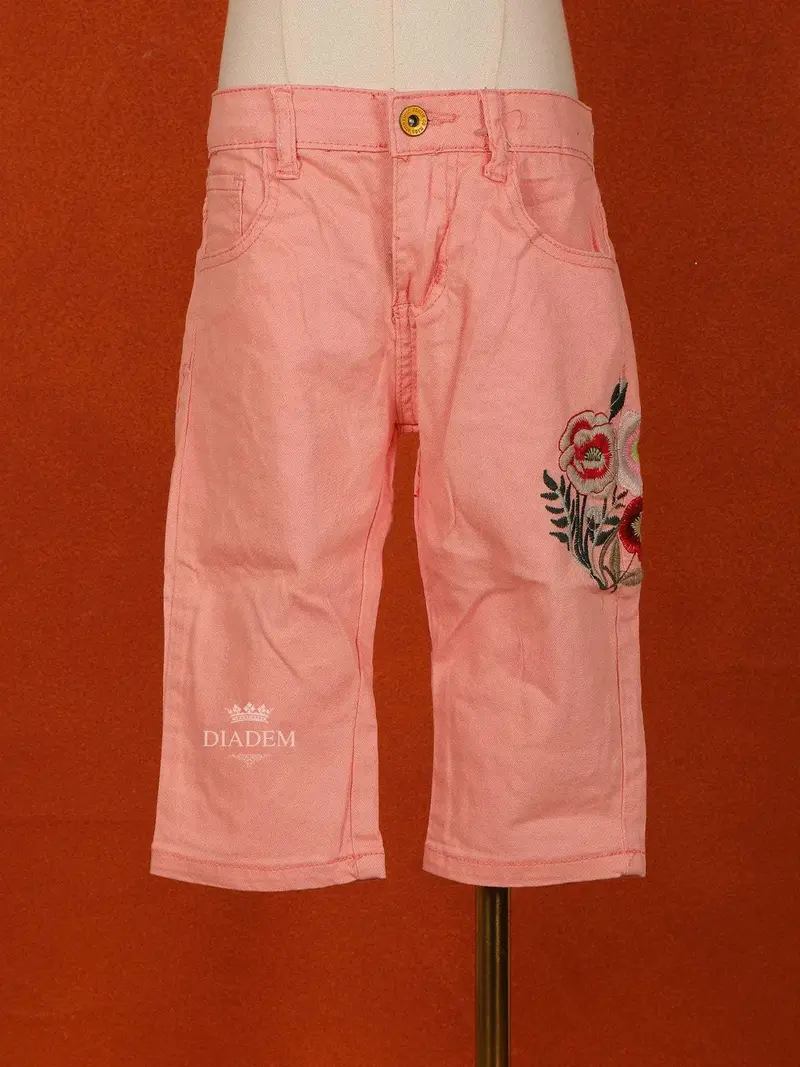 Peach Cotton Blend Pant With Embroidery For Girls 1