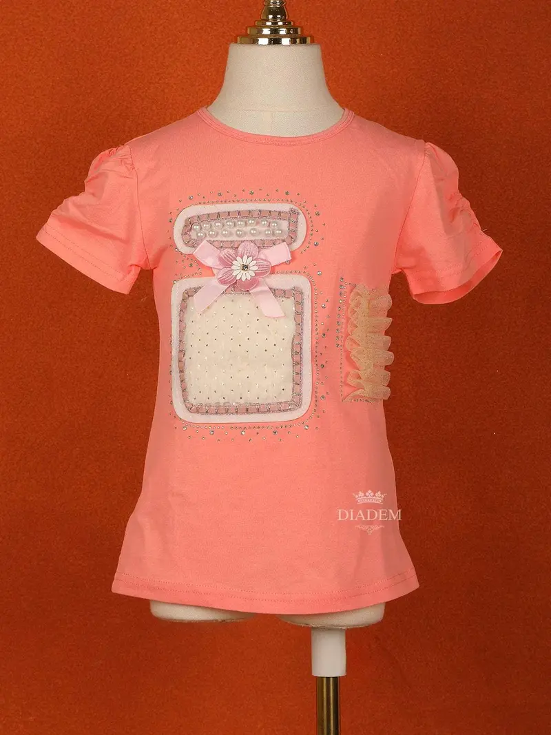 Peach Cotton Half Puff Sleeve T-Shirt For Girls 1