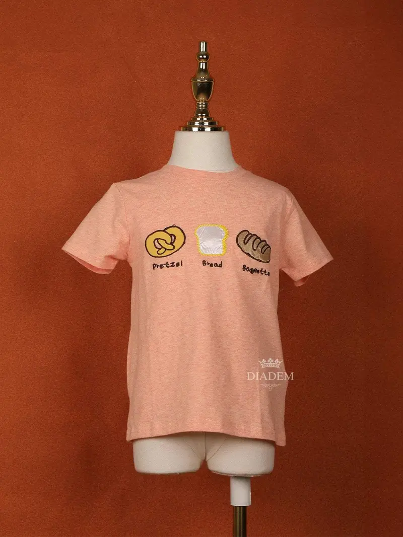 Peach Cotton Half Sleeve T-Shirt For Girls With Threadwork 1