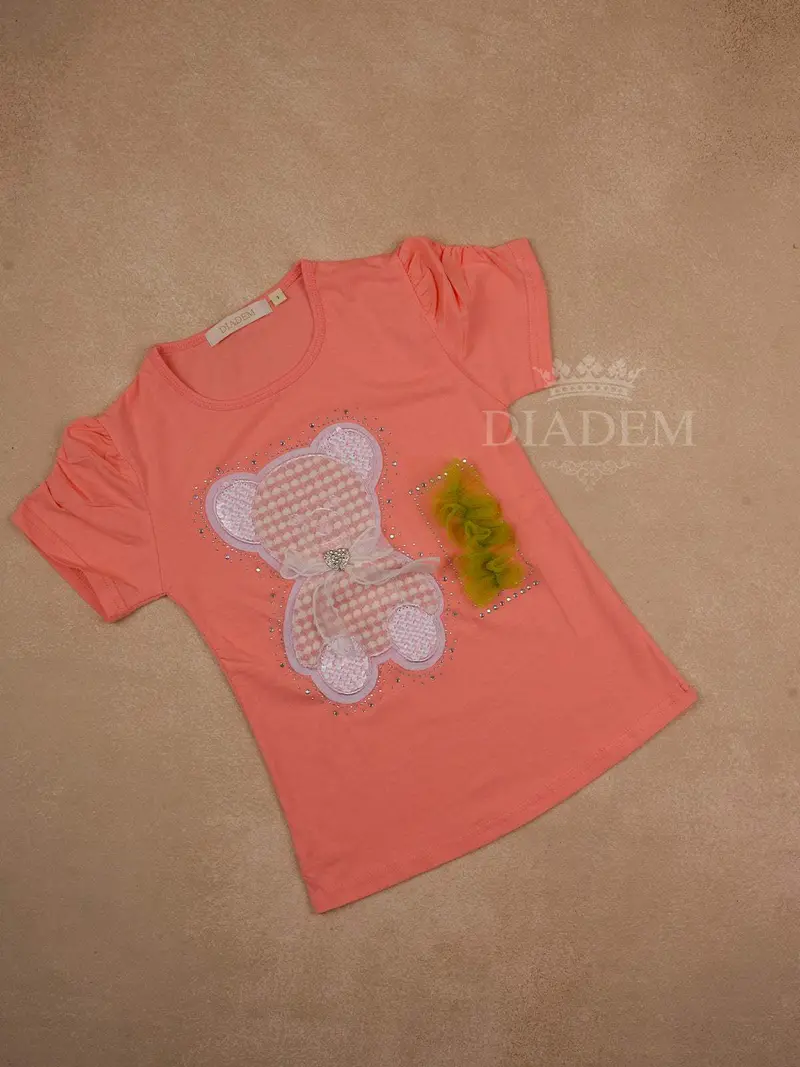 Peach Cotton Half Sleeve T-Shirt With Teddy Designs For Girls 1